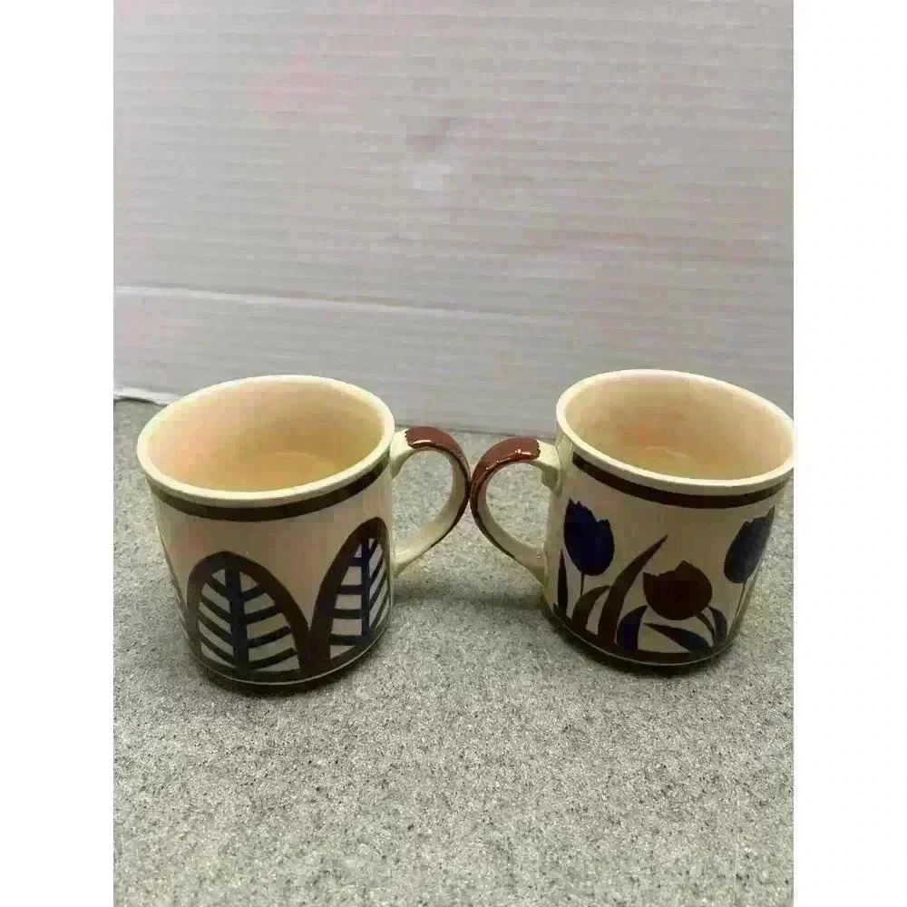 Otagiri vintage coffee mugs  floral/leaf pattern blue/brown